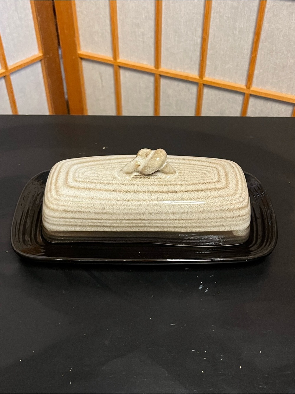 Roscher stoneware butter dish EUC black beige knot ceramic